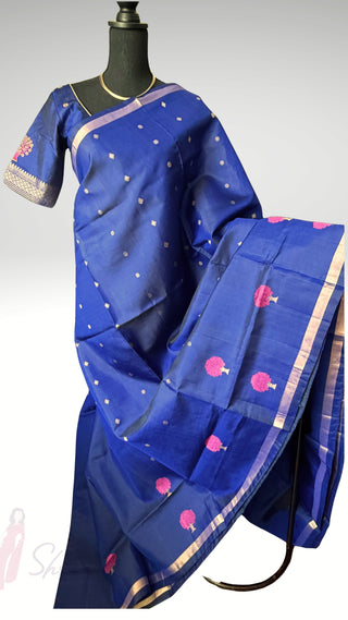 Pure Handloom Soft Silk Saree dark blue silk saree with embroidered  Stitched Blouse Indian handloom wedding pattu Saree Online USA Ready to Ship Saree Online USA Easy Drape