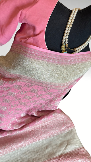 Pure Georgette Beneras Pastel pink silk saree pure silk border pallu