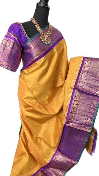 Yellow checks Gadwal handwoven silk saree with stitched blouse