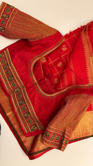 Pure Red kanjivaram pattu muhurtam kalyanam Pelli cheera saree pure zari handloom korvai kanchi red checks butta kanjivaram silk saree with embroidery  blouse