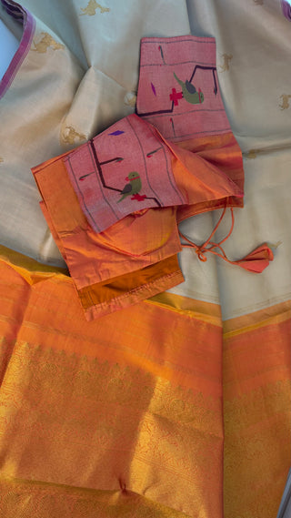 Bridal cream ven pattu saree orange pure zari kanjivaram silk saree with stitched blouse