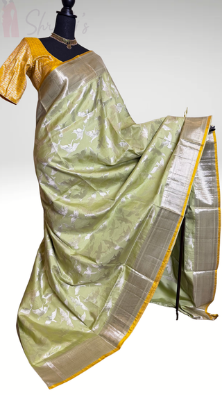 Pure Handloom Kanjivaram Pastel Green silk saree silver zari online stitched blouse hand embroidered blouse  one of a kind elegant easy drape twill silk saree online shopping