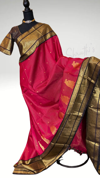 Bridal Vairaoosi butta  kanjivaram Pinkish Red to coffee brown silk saree with stitched Indian wedding muhurtam silk bridal blouse online shopping usa Diwali