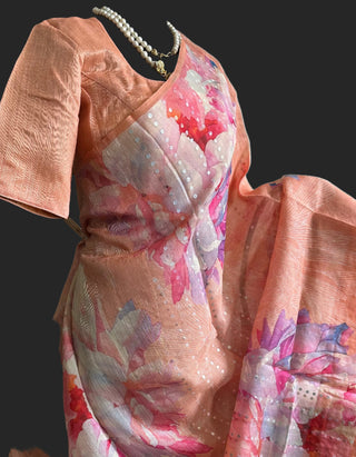 Pastel floral organza saree online usa stitched blouse party wear saree light weight saree online usa 