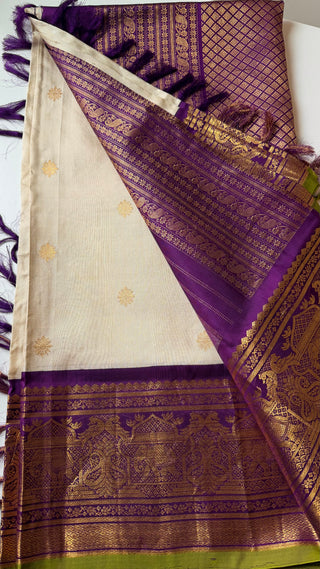 Pure Handloom ven pattu white to purple  Gadwal silk saree gold zari silk with stitched blouse ready to ship USA Easy drape