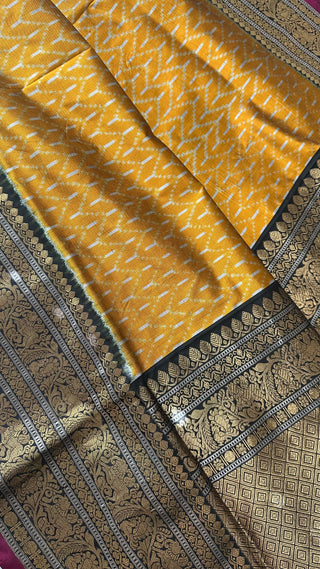 Mustard Black Pure Ikat Silk Saree Pure Silver Zari  HandloomWeave with Zari Border Ready to Wear Stitched blouses available Online USA Partywear
