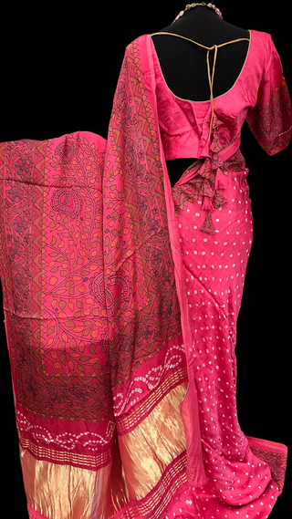 Pink Kalamkari gajji Satin crepe silk saree with stitched  blouse