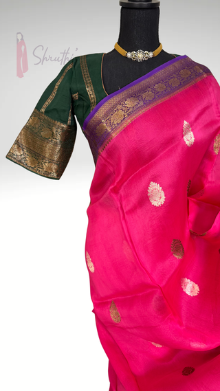 Pure Handloom pink beneras organza saree stitched blouse saree readymade online USA