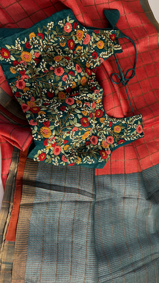 Crimson Red to bottle green sleeveless embroidered blouse with pure handloom saree Handloom silk Tussar with embroidery silk blouses zari borders and fine checks Partywear bridesmaids