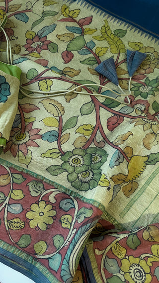 Pure pen kalamkari green pure kanchi pattu saree  yellow pen kalamkari saree with blouse online usa