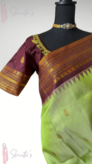 Vintage weaves pure Handloom silk Green to Brown butta Gadwal silk saree with stitched blouse embroidered blouse