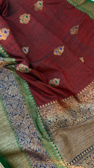 Pure Handloom Maroon Tussar Beneras Katan saree with prestitched blouse