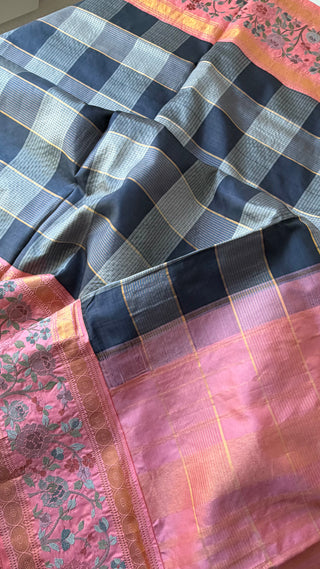 Handloom pure kanjivaram checks embroidered saree  zari Brocade weave silk embroidered borders easy drape finest weave saree