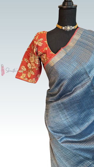 Handloom Tussar silk saree azure blue checks gold zari silk with embroidered  silk stitched blouses Partywear Indian saree usa