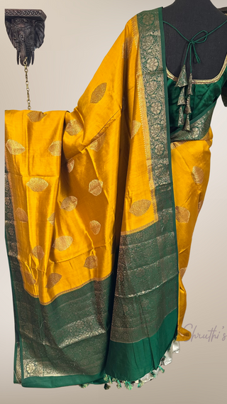 Pure Yellow Green Chinya  silk sarees with stitched blouse Partywear silk saree with zari borders