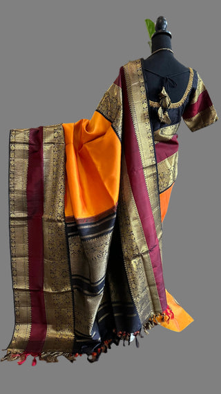 Yellow kanjivaram silk saree blouse embroidered blouse pure zari indian wedding engagement silk saree online usa