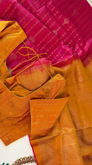 Pure soft silk Pink yellow gold silk saree online usa Pastel soft silk saree usa with pure zari blouse