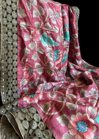 Pink pure printed tussar saree online usa