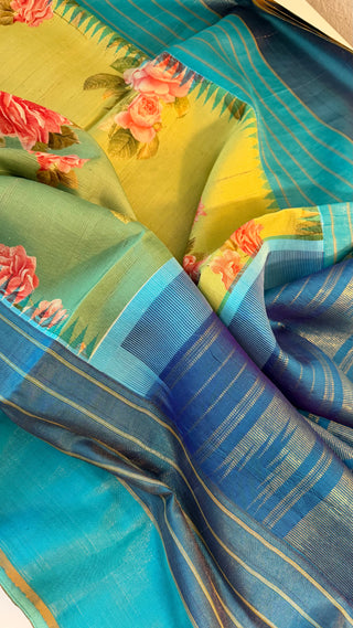 Printed floral pure Kanchi pattu fusion saree with gold tissue  zari pallu easy drape pure silk saree usa
