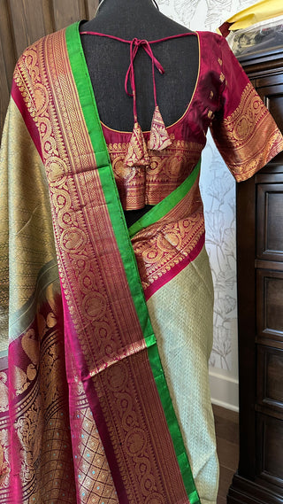 Pure Handloom maroon Gadwal silk saree pure zari gold zari silk saree with stitched blouse ready to ship USA Easy drape