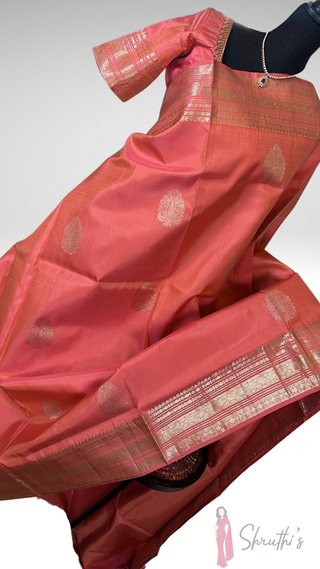 Kanjivaram silk Pastel Peach Pink saree with hand embroidered blouse