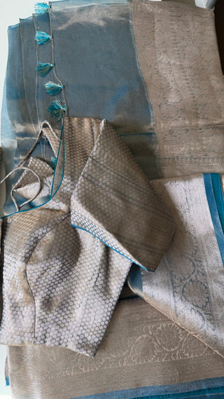Pure Tissue Beneras pastel Ice Blue checks handwoven pure silk saree stitched blouse saree readymade online USA