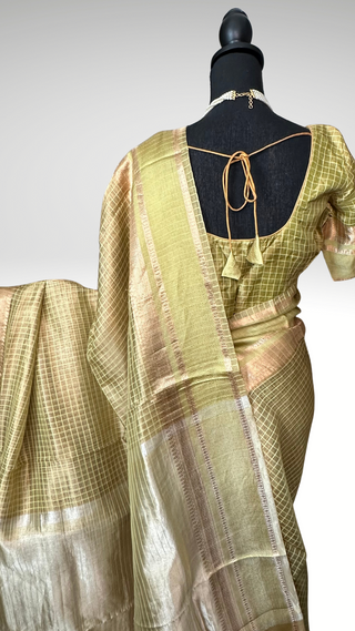 Pure Tissue Beneras checks handwoven pure silk saree stitched blouse saree readymade online USA