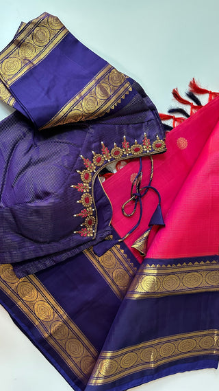 Bright Pink double color  vaira oosi kanchi pattu saree fine weave kanchi pattu bridal