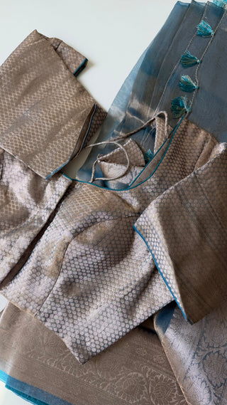 Pure Tissue Beneras pastel Ice Blue checks handwoven pure silk saree stitched blouse saree readymade online USA