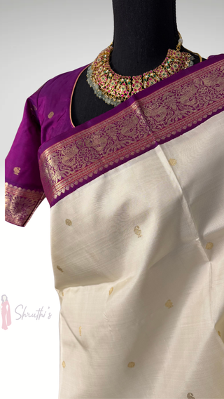 Ven Pattu kanjivaram purple  Kanchi pattu saree gold silver zari Indian wedding saree pure silk saree with stitched blouse usa online shopping