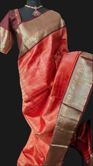 Pure Orange brocade kanjivaram silk saree with prestitched blouse