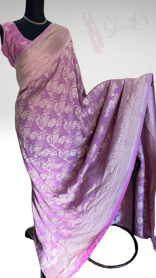 Pure Georgette Lavender Beneras Pastel weave paired  with pure Sleeveless Zari Kota  silk blouse saree benerasi silver zari silk border pallu bridesmaids saree easy drape elegant one of kind