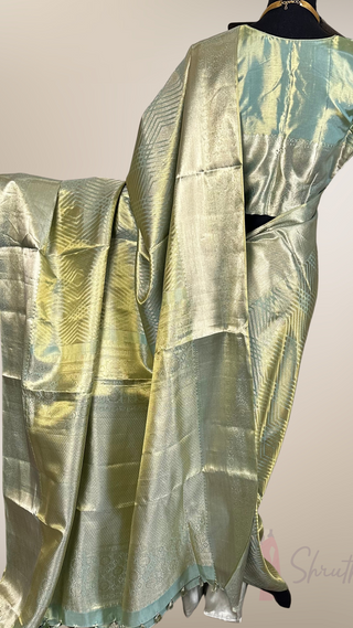 Tissue Kanjivaram’s silver zari Indian wedding silk saree pastel with stitched blouse ready to ship USA 