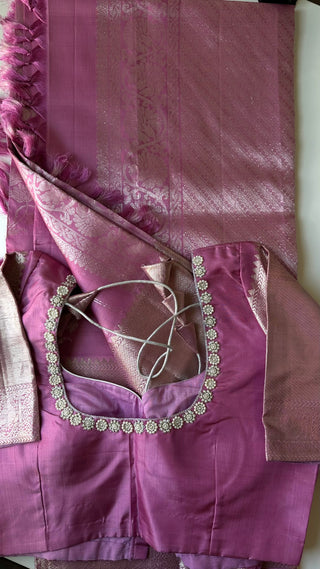 Carnation Pink kanjivaram silver zari with Embroidered stitched blouse