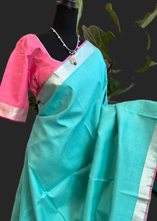 Pastel blue pink pure  Kanjivaram pattu saree plain Handwoven silk saree with stitched  blouse Hand embroidered gemstone blouse