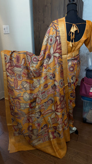 Handwoven pichwai one of kind print tussar silk saree  online and prestitched blouse