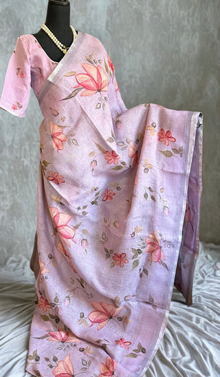 Indian saree Linen saree partywear Lavender saree with blouse floral saree sari usa