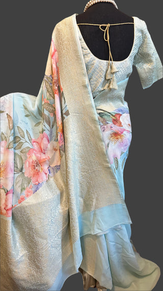 Floral Georgette Beneras Pastel silk saree pure silk beneras border pallu online