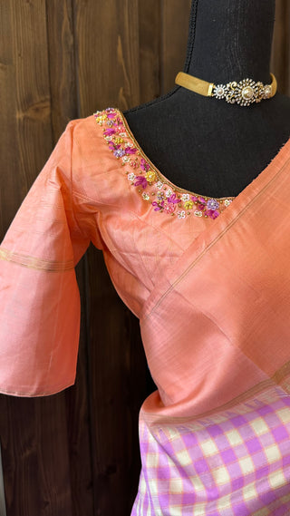 Pastel pure kanjivaram  silk checks saree with hand embroidered blouse