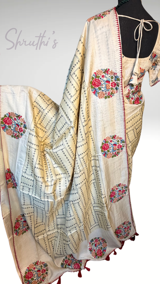 Handwoven white Tussar Embroidery borders and pallu Partywear elegant beauty  one of kind Onam  tussar silk saree  online and prestitched blouse