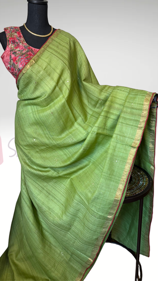Asparagus Green sleeveless blouse saree Handloom silk Tussar with embroidery sleeveless silk blouses zari borders and fine checks Partywear bridesmaids