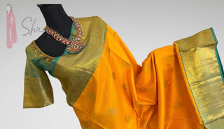 Handloom Pure kanchi Yellow vairaoosi pure zari kanjivaram silk saree blouse and pallu indian wedding silk saree online usa