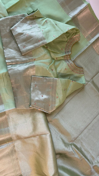 Handloom kanjivaram pastel pista green silver  zari with stitched blouse traditional kanchi pattusaree saree Indian wedding