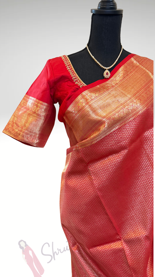 Pure Kanjivaram Red bridal Handloom pure silk silver zari embroidered blouse  Handloom silk saree pure zari  Muhurtam Wedding Saree with ready to wear ship Blouse Online USA