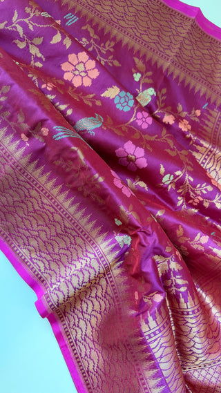 Magenta  Pure katan Benerasi silk saree with stitched  embroidered blouse online shopping usa