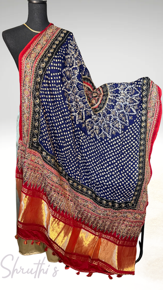 Bandhej silk handdone bhandhani pure gajji silk duppatta blue embroidered