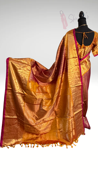 Pure Handloom Brocade Red to Gold Gadwal with stitched blouse silk saree gold zari silk saree