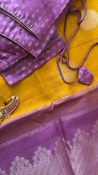 Yellow Lavender pure handwoven kanchi pattu saree with blouse