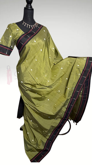 Olive green pure Handloom pure paithani silk saree online usa paithani sarees usa comes with stitched blouse