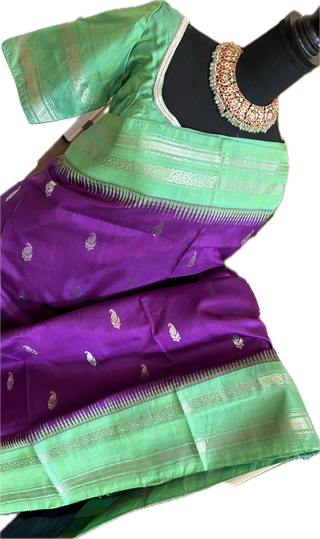 Purple Gadwal handwoven silk saree with embroidered stitched blouse